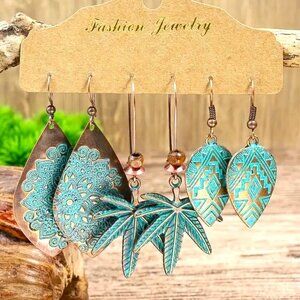 Earrings Bronzed Dangle 3pr Gypsy Boho Native Southwest Canabis Leaf Stylish NEW